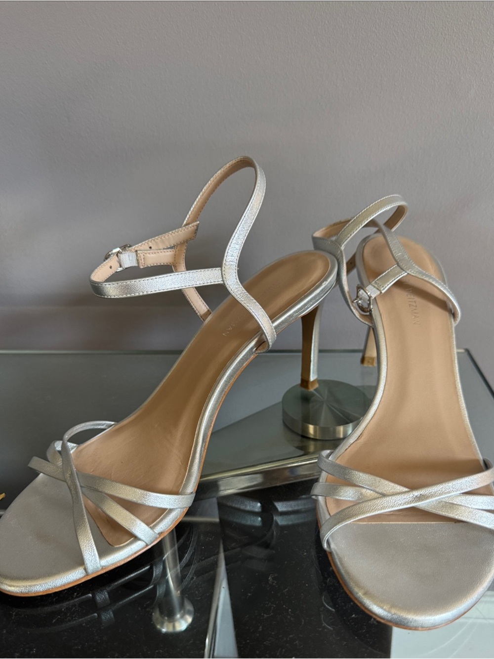 Stuart Weitzman Silver Metallic Strappy Heeled Sandals
